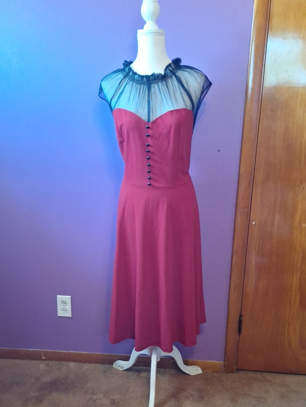 Vintage-Inspired Burgundy Midi Dress with Sheer Black Yoke